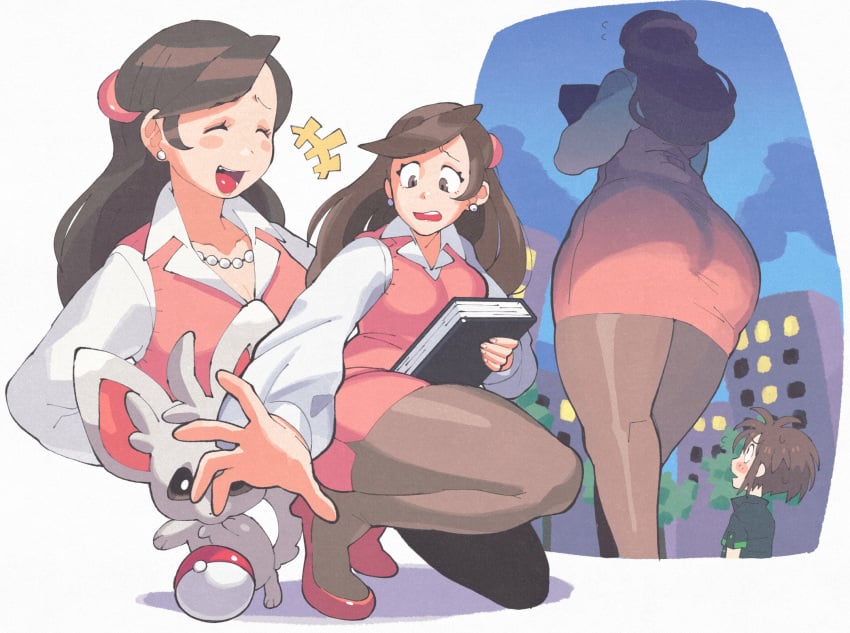 +++ 1boy 1girl 1girls ^_^ ass black_shirt blush book breasts brown_eyes brown_hair building closed_eyes cloud collared_shirt creatures_(company) earrings furrowed_brow game_freak gen_5_pokemon giant giant_woman giantess grey_fur highres holding holding_book inkerton-kun inkuusan jewelry long_hair long_sleeves looking_up minccino miniskirt monica_(pokemon) multiple_views nate_(pokemon) night night_sky nintendo office_lady office_worker_(pokemon) open_mouth outdoors pantyhose pearl_earrings pencil_skirt pink_sweater_vest pink_vest poke_ball poke_ball_(basic) pokemon pokemon_(creature) pokemon_(species) pokemon_bw pokemon_bw2 pokestar_studios reaching shirt short_hair short_sleeves skirt sky smile solo_focus squatting sweater_vest tree vest white_shirt