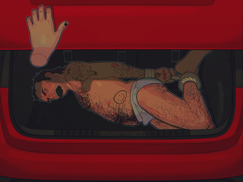 1boy abducted angry blood body_hair bondage briefs briefs_only car cloth_gag clothed_erection commission cuts disembodied_hand emetofiles gag grand_theft_auto_v hogtied male male_only rope_bondage scratches tattoo trevor_philips