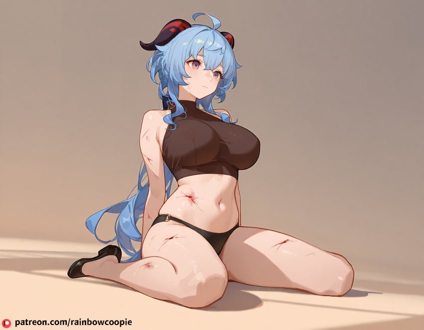 ai_generated blush crop_top disheveled ganyu_(genshin_impact) huge_breasts model_sheet scratched wariza wounded