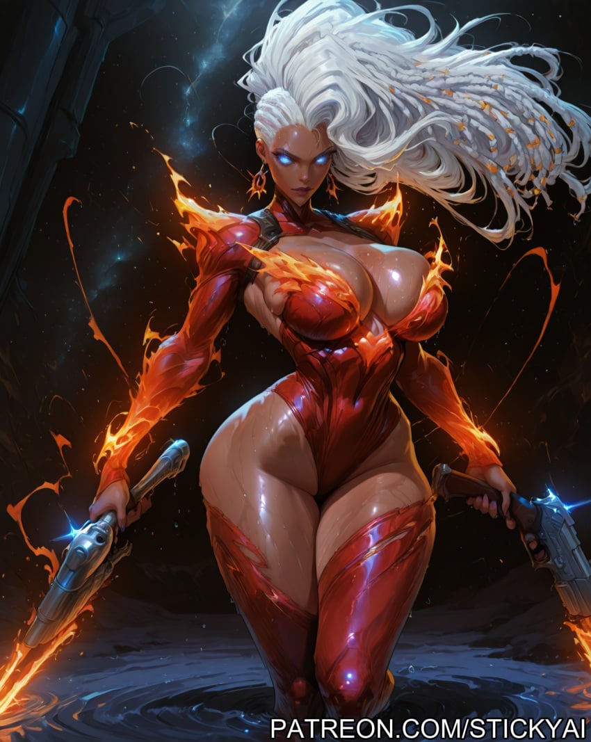 1girls ai_generated black_female blue_eyes dark_skin guns marvel marvel_rivals space storm_(x-men) superheroine white_hair white_hair_female