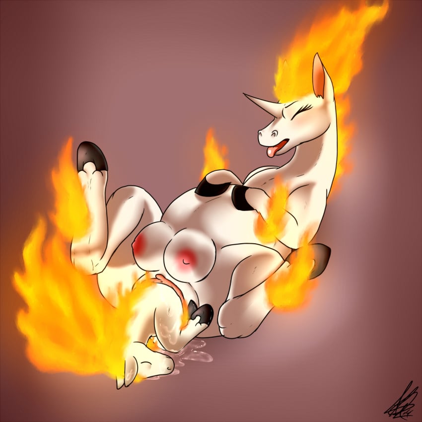 birth breasts crotchboob crotchboobs equine female female_feral feral feral_only fiery_hair fiery_mane fiery_tail fire fur hooves nintendo pokemon ponyta rapidash red_eyes uncensored video_games