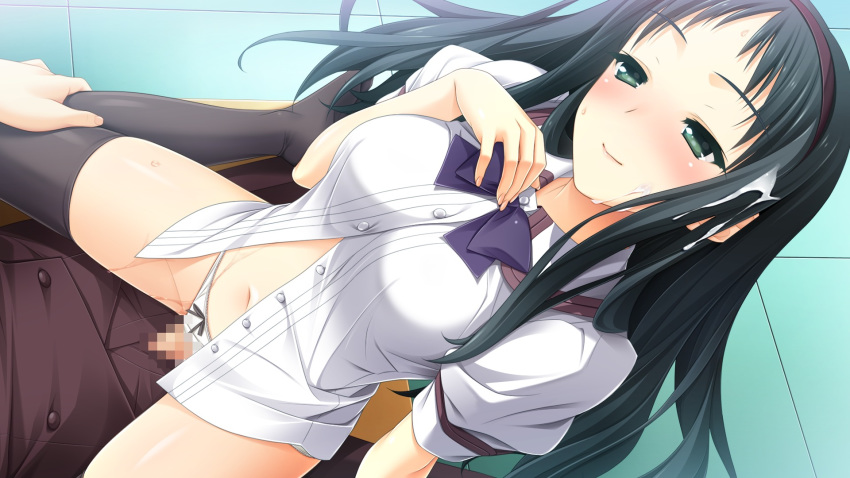 berry's blush breasts censored cowgirl_position cum cum_on_hair facial female game_cg green_eyes green_hair hairband highres kokonobi legs long_hair looking_down lying makinosawa_ena navel panties panties_aside penis school_uniform sex sitting sitting_on_person smile sweat thighhighs thighs underwear vaginal_penetration