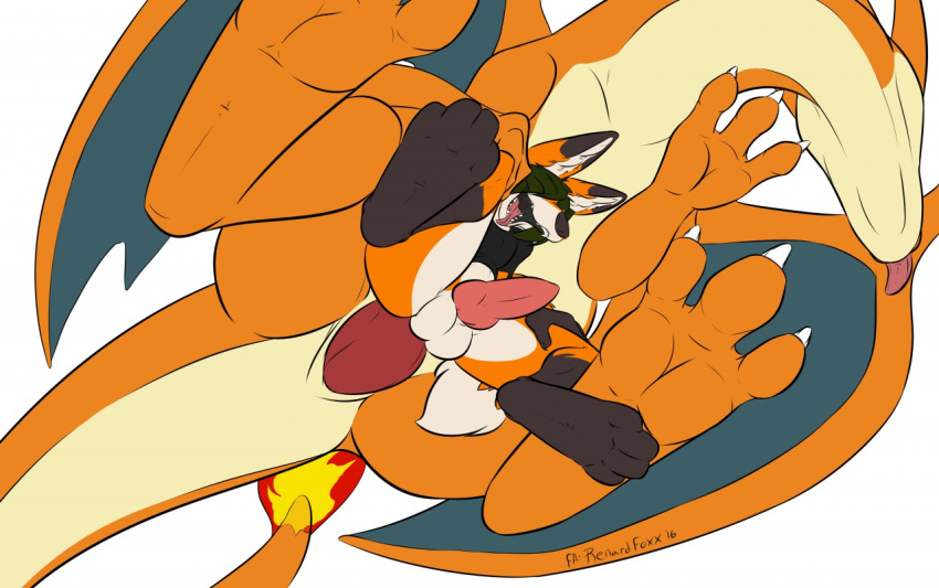 anal anal_sex anthro anthro_on_feral balls big_dom_small_sub canine charizard feral fox knot male mammal mega_charizard mega_charizard_y mega_evolution nintendo open_mouth penetration pokemon pokemon_(species) renard_foxx size_difference slit stomach_bulge tongue tongue_out video_games view_from_below yaoi zoophilia