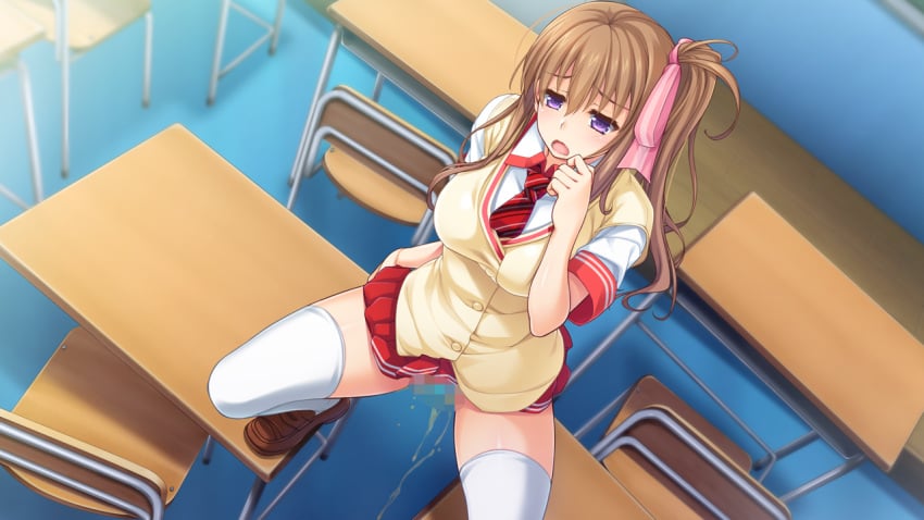 beige_jacket blush breasts brown_hair brown_shoes censored chair classroom desk dutch_angle female game_cg hair_ribbon indoors jacket kubota_asahi lifted_by_self long_hair miniskirt mosaic_censoring necktie open_mouth peeing pink_ribbon ponytail purple_eyes pussy red_necktie red_skirt ribbon saimin_iinchou school_desk school_uniform shirt shoes side_ponytail skirt skirt_lift solo spread_legs squatting standing_on_desk thighhighs white_legwear white_shirt yoshi_hyuuma