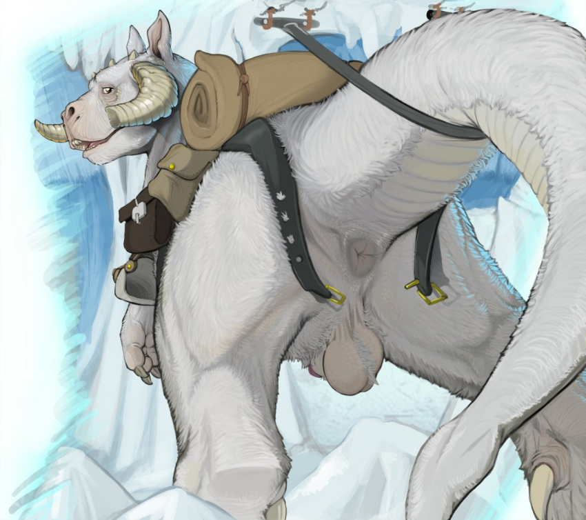 2015 animal_genitalia anus ass backsack ball_tuft balls belt feral fur horn licking looking_at_viewer looking_back low-angle_view male male_only mount narse nude penis penis_tip saddle sheath solo star_wars tauntaun tongue tongue_out white_body white_fur