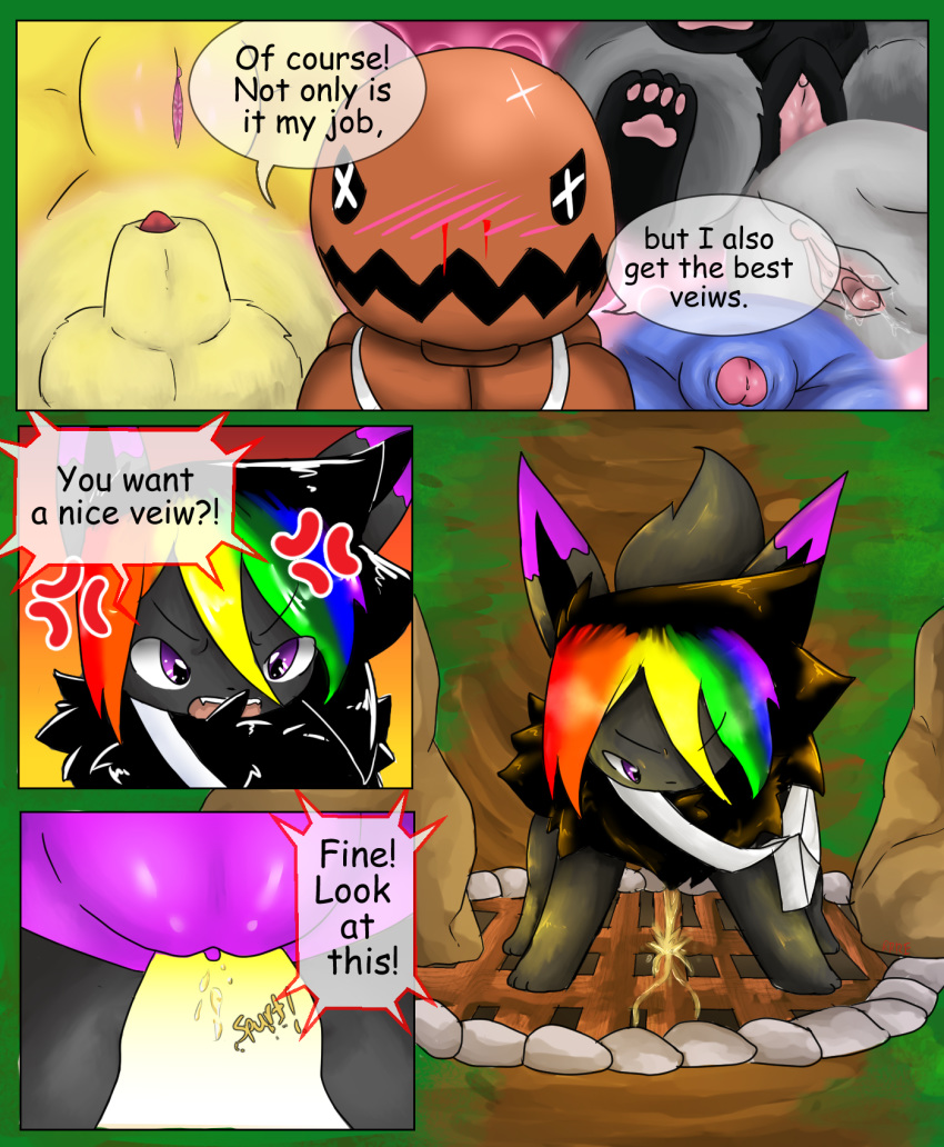 2017 alternate_color angry animal_genitalia balls blood blush canine comic dialogue eevee english_text fan_character female feral fur hair hi_res male mammal nintendo nosebleed open_mouth pee pee_squat_outdoors peeing penis pokemon pokemon_(species) pokemon_mystery_dungeon pokemon_rgby pokemon_rse poochyena pussy rainbow_hair raven_eevee raveneevee simple_background teeth text trapinch urine video_games watersports