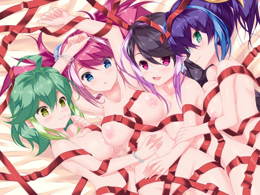 4girls aqua_eyes blue_eyes blue_hair blush bow bracelet_girls breast_press breasts calcio celina female female_only green_eyes green_hair hair_between_eyes hair_ornament hair_ribbon hairbow highres hiiragi_yuzu human kurosaki_ruri large_breasts long_hair lulu_obsidian multicolored_hair multiple_girls nipples nude pink_eyes pink_hair ponytail purple_hair quadruplets ribbon rin_(yu-gi-oh!_arc-v) serena_(yu-gi-oh!_arc-v) two-tone_hair yu-gi-oh! yu-gi-oh!_arc-v zuzu_boyle