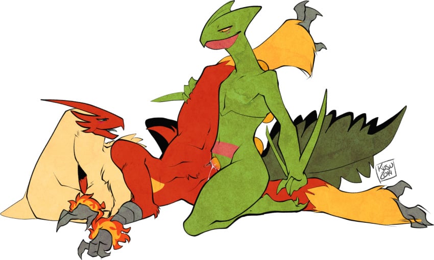 2014 anthro blaziken blush cum cum_in_pussy cum_inside duo erection female happy happy_sex kusuarts leg_glider_position male nintendo orange_penis penis pokemon pokemon_(species) raised_leg sceptile sex simple_background straight vaginal_penetration video_games white_background