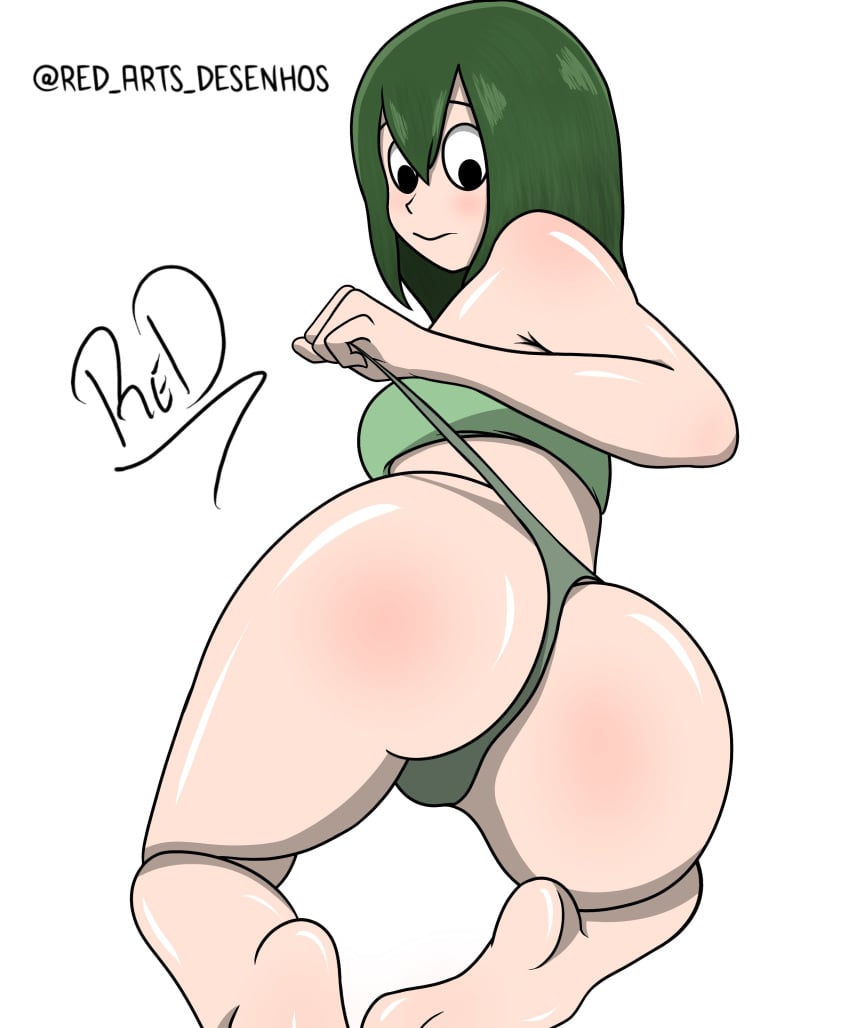 1girls ass ass_focus ass_shake bangs big_ass bikini black_eyes bra butt_focus butt_shake female female_focus female_only fringe green_bra green_hair green_panties long_hair looking_at_ass looking_at_butt looking_back my_hero_academia panties panties_aside pulling_panties pulling_panties_aside red_arts tsuyu_asui white_body white_skin