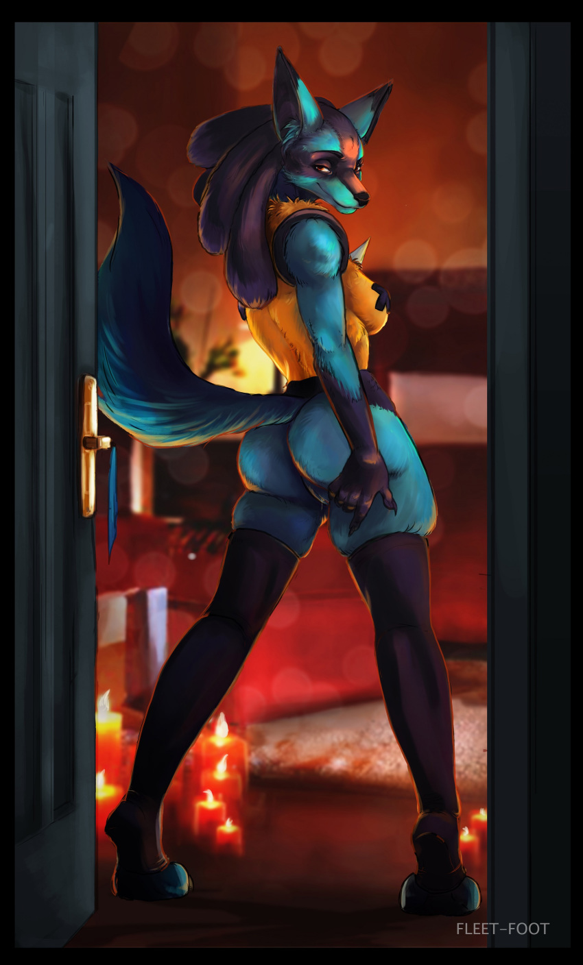 anthro ass bedroom breasts burning_candles candles clothing door female fleet-foot legwear looking_at_viewer lucario nintendo nipple_tape nude pasties pokemon pokemon_(species) pose pussy rear_view red_candles sideboob smile tape thigh_highs video_games