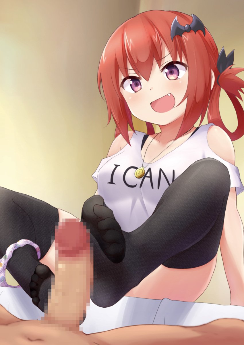 1boy bat_hair_ornament black_legwear blush censored clothes_writing collarbone cute_fang feet female footjob footjob_with_legwear gabriel_dropout hair_between_eyes hair_ornament hair_rings hirame_guard kurumizawa_satanichia_mcdowell mosaic_censoring open_mouth panties panties_around_leg penis polka_dot polka_dot_panties print_panties purple_eyes red_hair shirt solo_focus straight thighhighs underwear