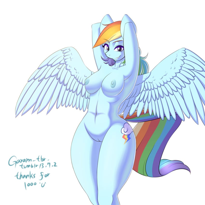 2013 anthro anthrofied blue_feathers breasts cutie_mark english_text equine feathered_wings feathers female friendship_is_magic garam hair hi_res looking_at_viewer mammal multicolored_hair my_little_pony nude pegasus purple_eyes pussy rainbow_dash_(mlp) rainbow_hair solo straight_hair text wings