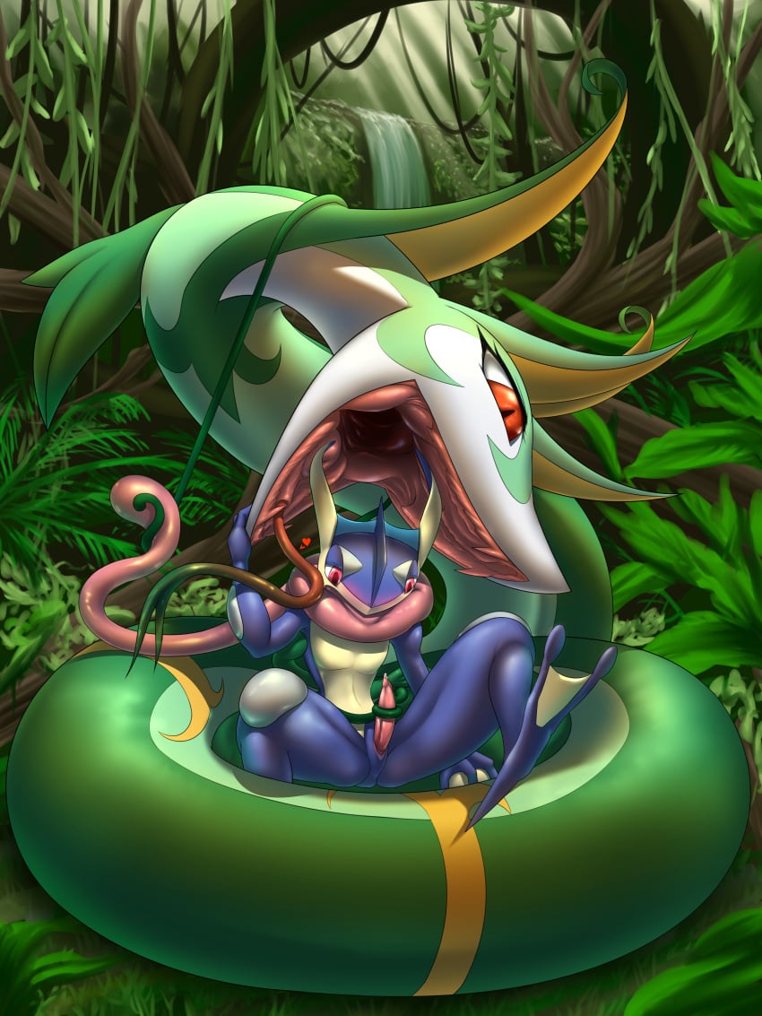 amphibian frog greninja heart hi_res jungle masturbation mykiio nintendo penis pokemon pokemon_(species) reptile scalie serperior snake video_games vore