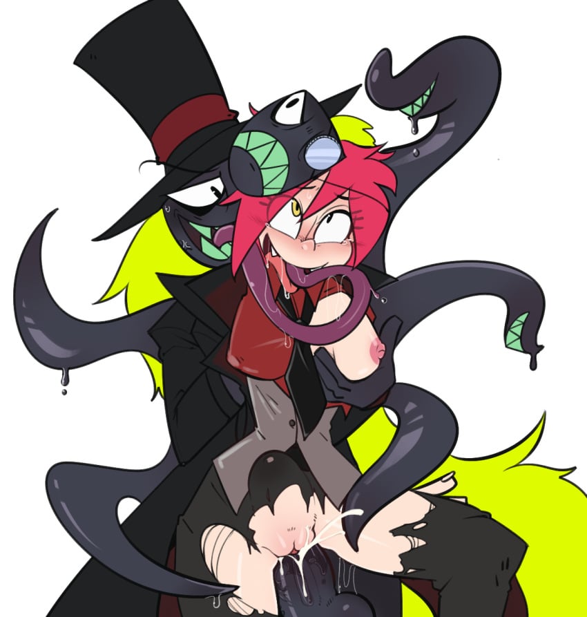 1girls balls black_hat black_hat_(villainous) blush breasts cartoon_network clothed clothing cum cum_in_pussy cum_inside demencia_(villainous) double_penetration extreme_french_kiss female from_behind hand_on_breast hat headwear human long_hair mammal monster nipples open_mouth oral oral_penetration penetration penis pussy restrained sex sharp_teeth stomach_bulge teeth tentacle tongue torn_clothes unknown_artist vaginal_penetration villainous