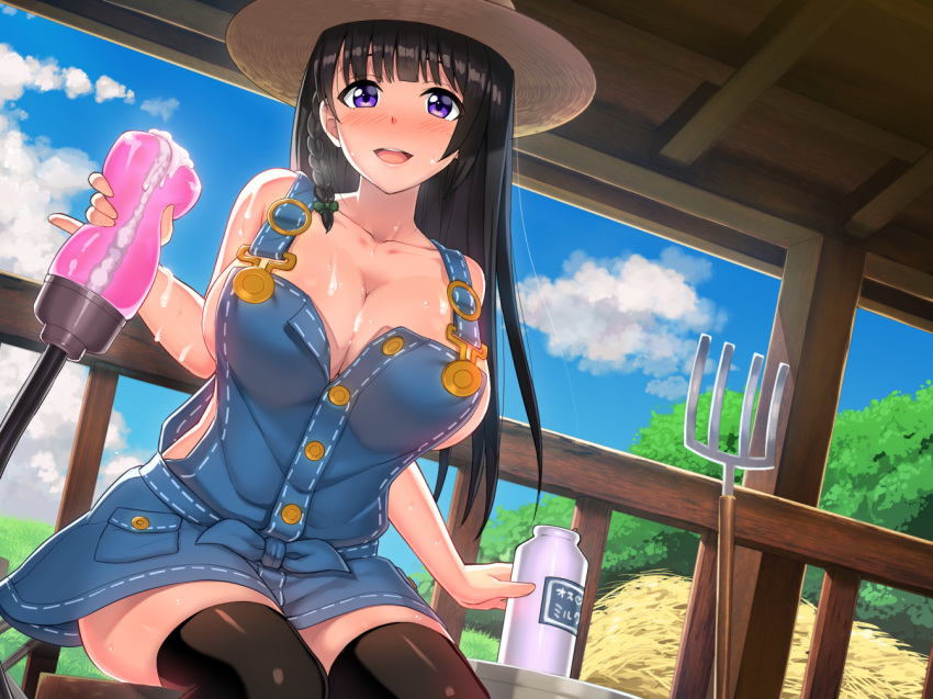 artificial_vagina black_hair black_legwear bottle braid breasts cleavage cum farm female hat haystack large_breasts long_hair looking_at_viewer milk_bottle naked_overalls open_mouth overall_skirt overalls pitchfork purple_eyes sideboob single_braid sitting sky smile solo straw_hat sweat thighhighs y_umiharu