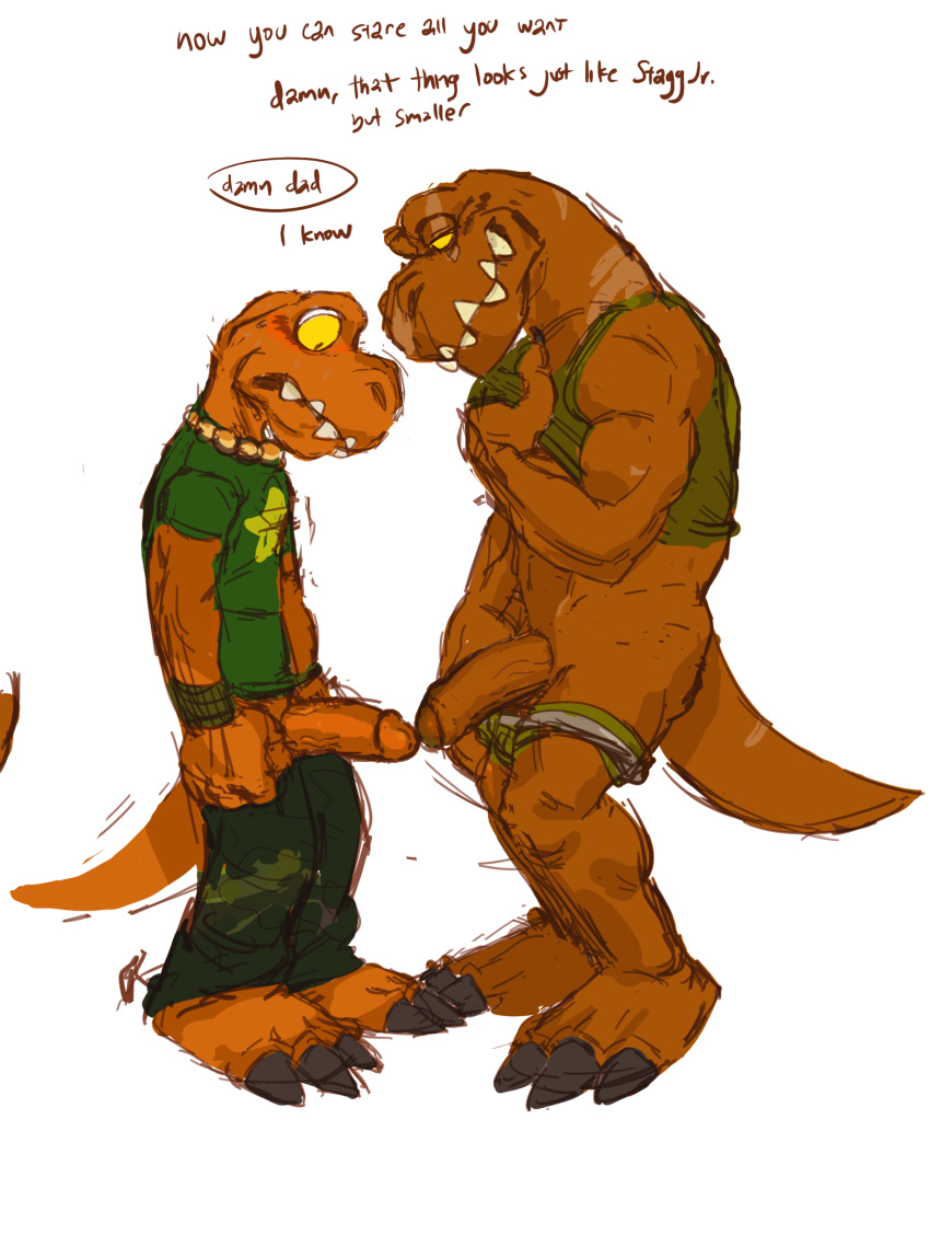 2017 anthro blush camo comparing comparing_penis dinosaur dj_mixer_(character) english_text erection father_and_son furry green_shirt highres humanoid_penis incest male muscular open_pants orange_penis orf penis speech_bubble text uncut underwear undressing yaoi