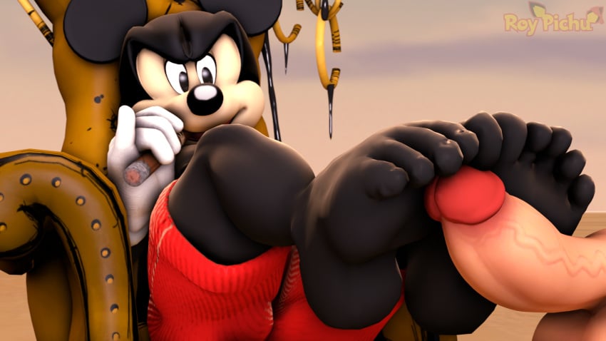 2boys 3d 3d_(artwork) anthro black_body chair cigar disney dr.ivopingasnik feet footjob furaffinity_link furry gay human light-skinned_male light_skin looking_at_penis male male/male mickey_mouse mickey_mouse_&_friends mickey_mouse_clubhouse mouse penis red_pants red_shorts sfm sitting_on_throne smirk smirking smoking_cigar source_filmmaker throne
