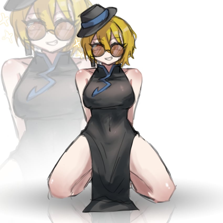 1girl absurdres arms_behind_back black_dress black_gloves black_hat blonde_hair breasts chinese_clothes cinq_association_(identity)_(project_moon) commentary_request covered_navel don_quixote_(limbus_company) dress earrings gloves grin hat highres jewelry kneeling korean_commentary large_breasts limbus_company open_mouth partially_opaque_sunglasses project_moon qipao round_eyewear short_hair simple_background single_earring single_glove slit_pupils smile solo sparkle sunglasses teeth tilted_headwear tinted_eyewear white_background yellow_eyes