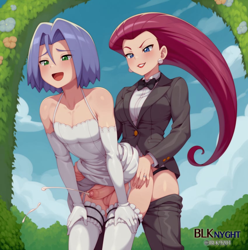 1boy 1girls ai_generated anal blk9201 bride crossdressing crossdressing_female crossdressing_male cum ejaculation femdom formal formal_clothes james_(pokemon) jessie_(pokemon) male_bride pants pants_down pants_pull pegging pokemon sex_from_behind standing standing_sex strap-on suit wedding wedding_dress
