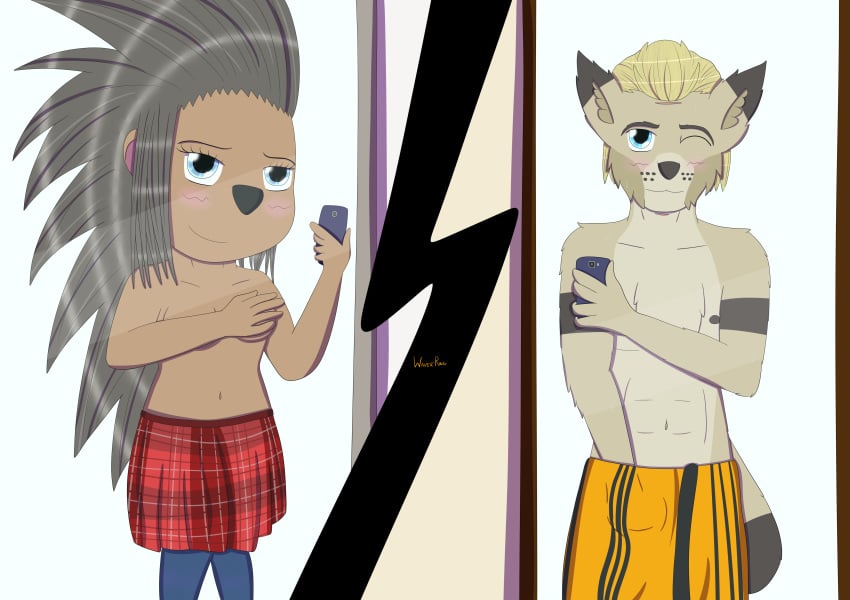 2017 anthro ash_(sing) blue_eyes blush breasts clothed clothing eyelashes feline female fur hair half_naked looking_at_viewer lynx male mammal nipples nude patt_(waver-ring) phone porcupine rodent selfie shower simple_background sing_(movie) size_difference smile spikes standing towel waver-ring wet wet_fur