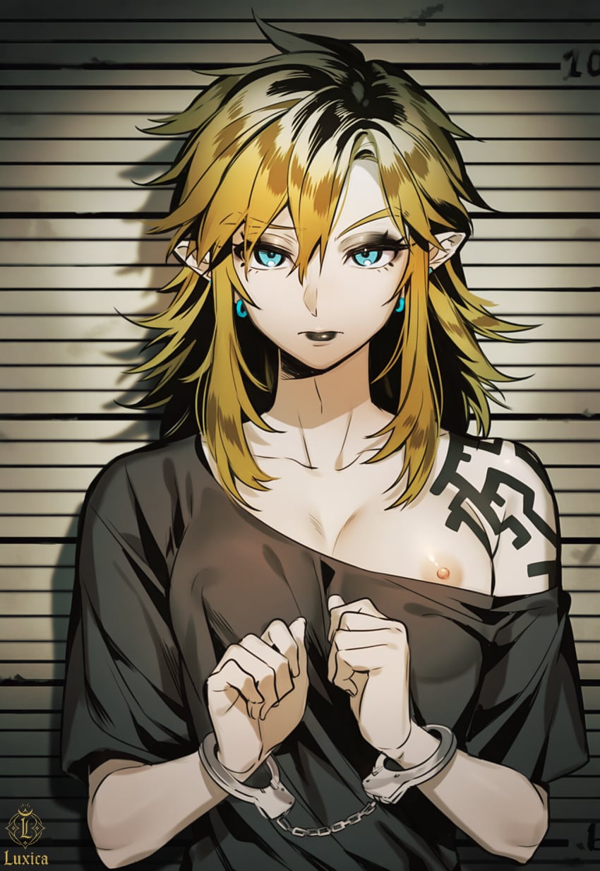 ai ai_art ai_generated almond_eyes androgynous bare_shoulders black_lipstick blue_eyes boyfriend breasts_out crossdressing cute earrings femboy feminine_male feminization girly girly_boy golden_hair handcuffed handcuffs hylian hylian_ears jail link link_(breath_of_the_wild) link_(tears_of_the_kingdom) lipstick long_hair luxica mugshot nintendo novelai piercing tattoo the_legend_of_zelda trap twink uncensored