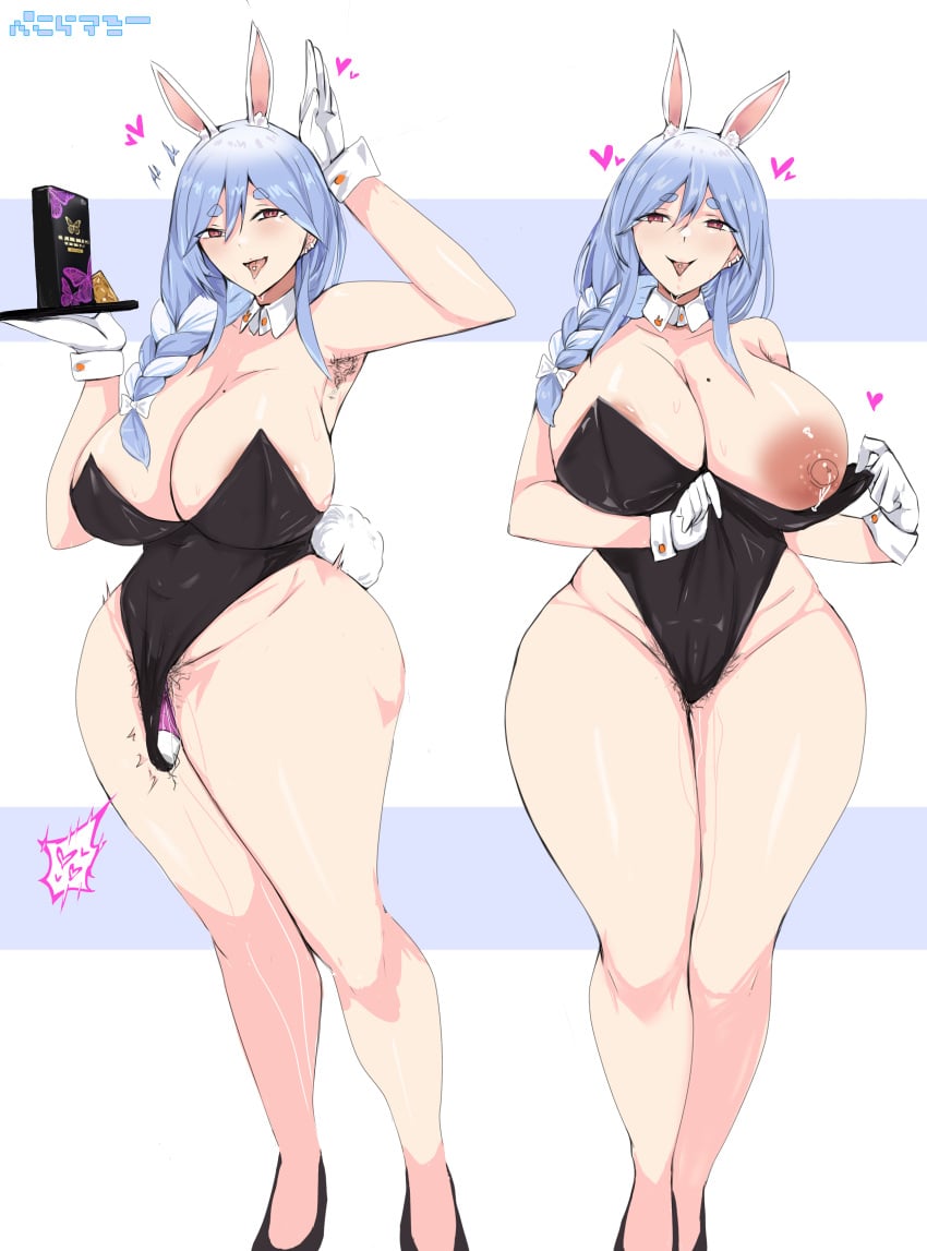 1girl armpit_hair armpits blue_hair blush cleavage dark_nipples ear_piercing hololive lactation large_breasts leotard_pull looking_at_viewer mature_female milf mole mole_on_breast multiple_views nipples open_mouth pekomama piercing playboy_bunny plump pubic_hair pubic_hair_peek rabbit_ears rabbit_tail red_eyes saliva smile sweat tongue_out tongue_piercing vaginal_insertion vibrator virtual_youtuber