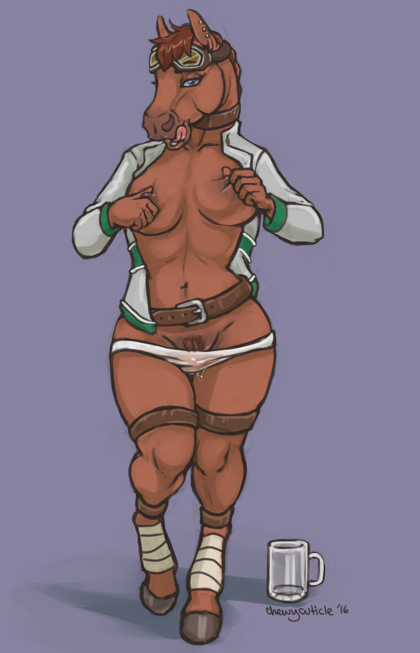 2016 anthro belt big_breasts blue_eyes bottomless breasts brown_fur chewycuticle clothed clothing colored_sketch ear_piercing equine eyewear female fur ginger ginger_(pogothebullterrier) goggles hi_res hooves horse leg_wraps licking licking_lips looking_at_viewer mammal nipple_pinch nipples open_jacket panties partially_clothed piercing pinch pubes pussy_juice signature simple_background solo teasing tongue tongue_out underwear wet_panties wraps