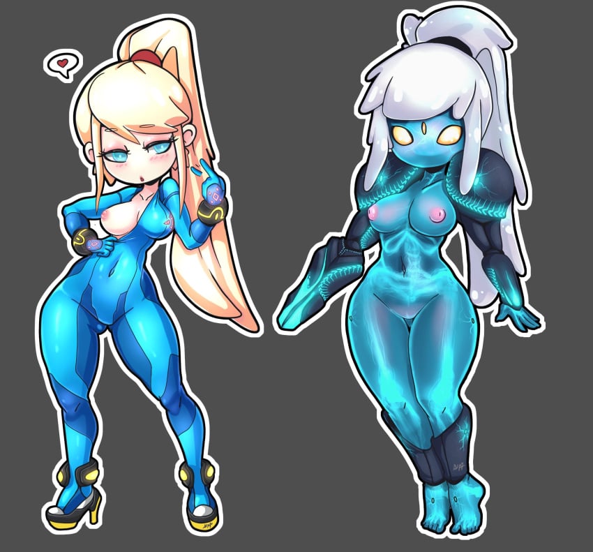 2girls 3_eyes arm_cannon barefoot blonde_hair blue_eyes blue_skin blush bodysuit bracelet breasts come_hither covered_navel dark_samus elquijote eyebrows_visible_through_hair female female_protagonist flashing glowing heart high_heels highres index_finger_raised inverted_nipples inviting long_hair looking_to_the_side metroid multi_eye multiple_girls navel nintendo nipples no_mouth nude one_breast_out ponytail rocket_heels samus_aran sidelocks skeleton thighs translucent_body veins very_long_hair visible_skeleton weapon white_hair wide_hips yellow_eyes zero_suit zero_suit_samus шкилет