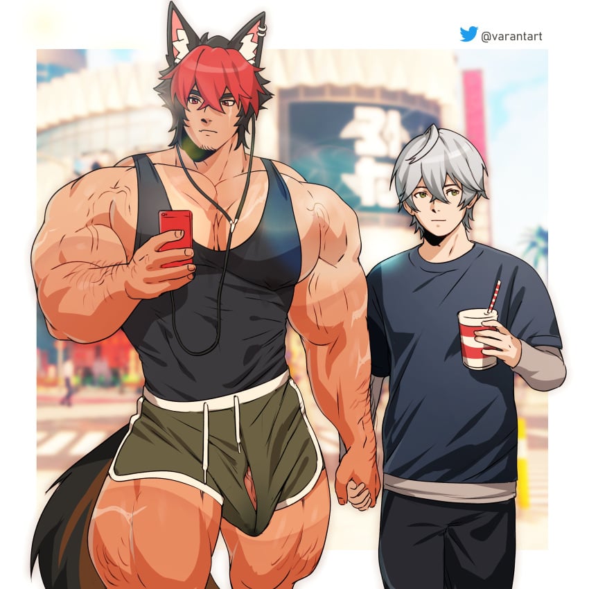 animal_ears animal_tail balls bara bulge dog_boy dog_ears dog_tail dogboy flaccid holding_hands komano_manato male male_only muscles muscular penis scar scar_across_eye tail varantart wise_(zenless_zone_zero) zenless_zone_zero