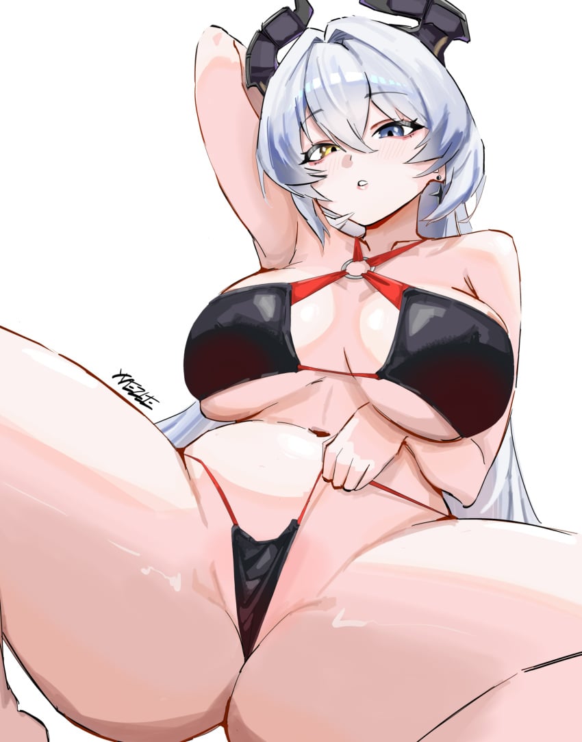 1girl absurdres ass_visible_through_thighs big_breasts bikini black_bikini black_horns blue_eyes breasts commentary english_commentary grey_hair heterochromia highres horns large_breasts long_hair looking_at_viewer navel parted_lips simple_background solo spreading_legs stomach sunbringer_(zenless_zone_zero) swimsuit thick_thighs thighs very_long_hair white_background y_vezleapple yellow_eyes zenless_zone_zero