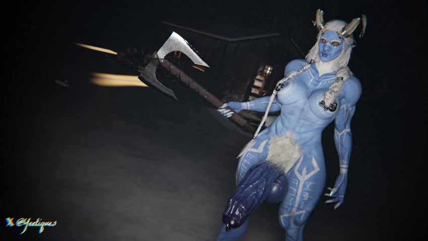 3d axe face_piercings futa_only futanari giantess hairy horns hrima_(stannis031) huge_cock looking_at_viewer muscular_futa nipple_piercing piercings pubic_hair solo solo_futa tattoos veiny veiny_penis yeetiques