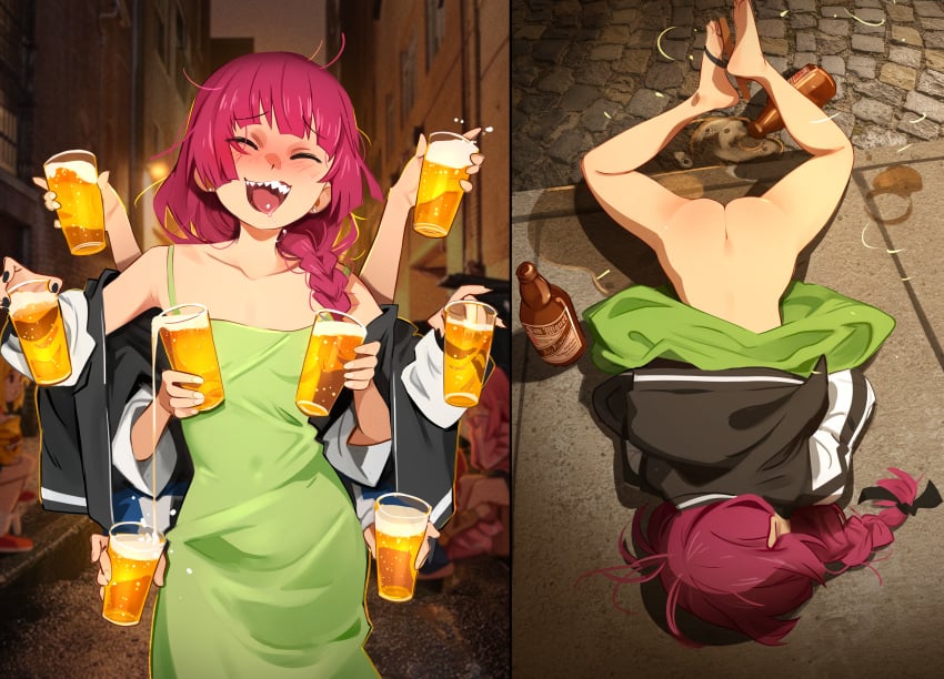 absurd_res absurdres alcohol ass bare_ass beer bocchi_the_rock! braid braided_hair breasts closed_eyes dress dress_lift drugs drunk drunk_female exposed exposed_ass feet feet_up female female_only gotou_hitori green_dress hi_res highres hiroi_kikuri jacket khyleri light-skinned_female light_skin lying lying_on_stomach meme multiple_girls multiple_views night no_bra no_panties no_underwear on_ground open_mouth outdoors pierced_nipples piercing piercings purple_hair see-through see-through_clothing sharp_teeth solo_focus standing thighs wardrobe_malfunction