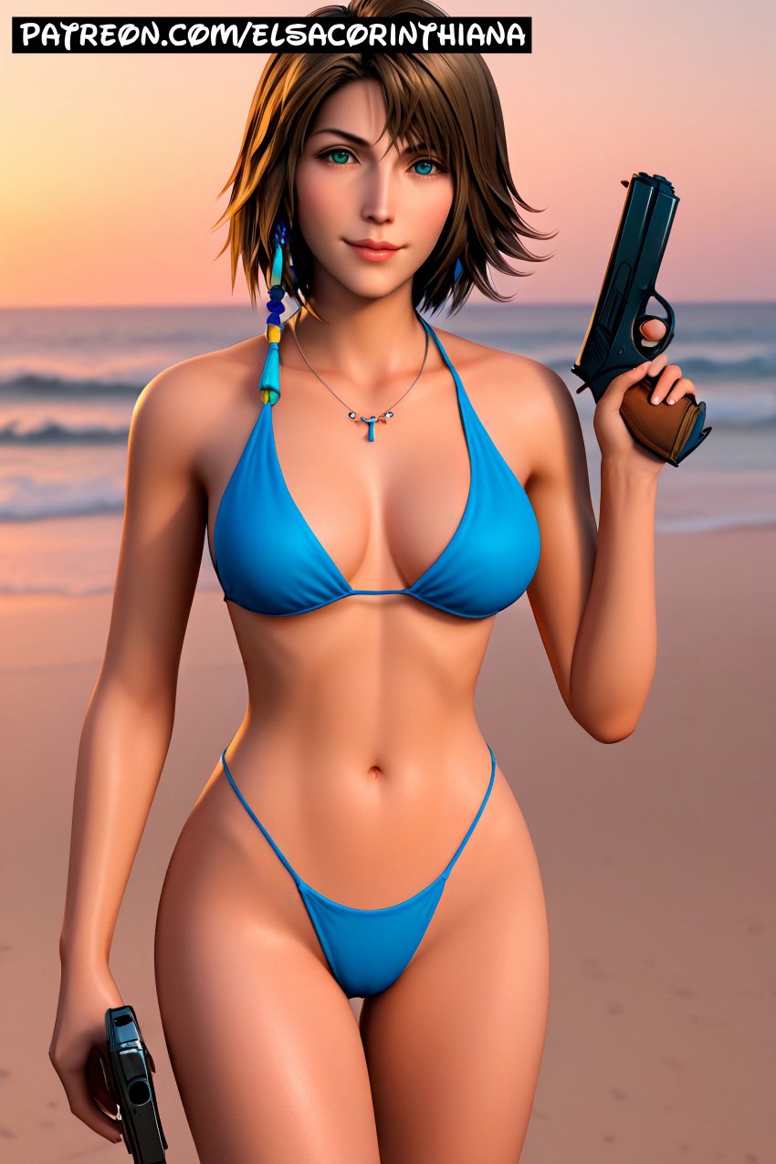 1girls adult adult_female ai_generated beach big_breasts bikini blue_bikini blue_eye bob_hair breasts brown_hair brown_hair_female elsacorinthiana exposed_midriff exposed_shoulders exposed_torso female female_only final_fantasy final_fantasy_x-2 green_eyes heat horny horny_face horny_female hourglass_figure looking_at_viewer midriff navel nipples outdoor_nudity outdoors patreon patreon_link patreon_url pistol pistol_in_hand pistol_on_hand pussy realistic sea_background sfw short_hair shoulders skin solo standing sunny_beach sunset uncensored white-skinned_female white_skin yuna