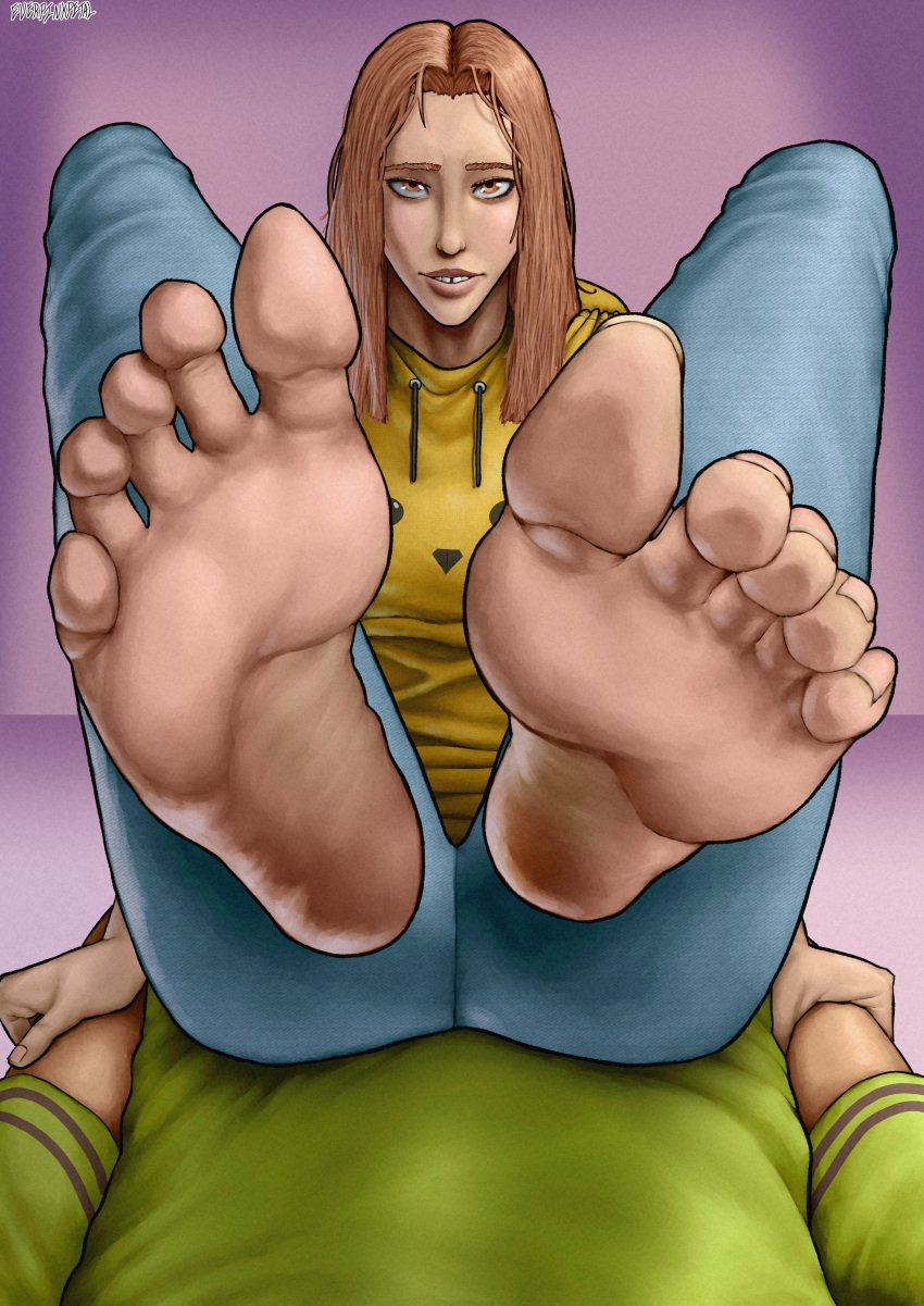 1boy 1girls barefoot clothed clothing dominant dominant_female domination feet feet_in_face female femdom foot_fetish foot_focus ginger ginger_hair hoodie jeans pov sitting_on_person