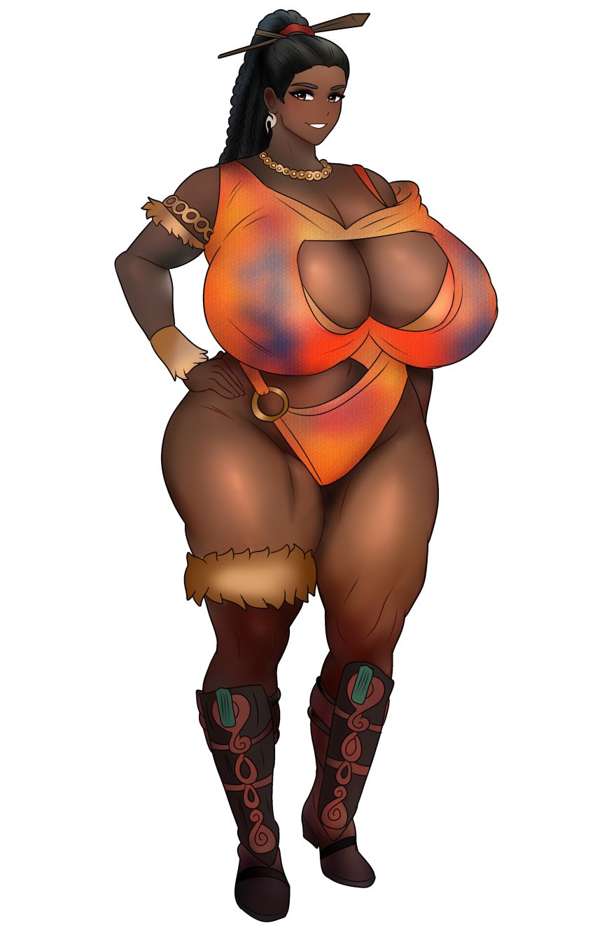 1girls aida_(monster_hunter_wilds) big_ass big_breasts big_thighs bikini black_hair boob_window breasts chorquistudios clothed clothed_female collar collarbone dark-skinned_female dark_skin female huge_ass huge_breasts huge_thighs long_hair looking_at_viewer milf mommy monster_hunter monster_hunter_wilds orange_bikini smile standing tribal