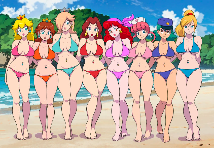 8girls beach bikini breasts captain_syrup female females furboz hot mario_(series) metroid navel_piercing nintendo nurse_joy officer_jenny_(pokemon) pauline pokemon princess_daisy princess_peach princess_rosalina samus_aran sexy