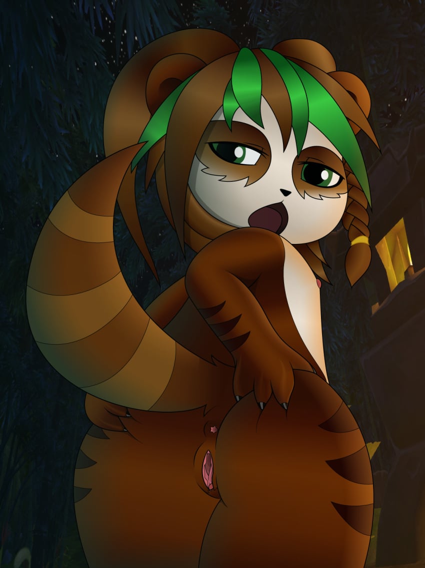 2017 anthro anthrofied anus ass bear biped breasts clitoris cute erect_nipples facial_markings female flat_chested fur fur_markings hair hand_on_ass hi_res infamousrel looking_at_viewer looking_back mammal markings multicolored_fur nipples nude open_mouth panda pandaren pokeandpenetrate presenting presenting_anus presenting_hindquarters presenting_pussy pussy solo spreading tongue video_games warcraft white_fur young