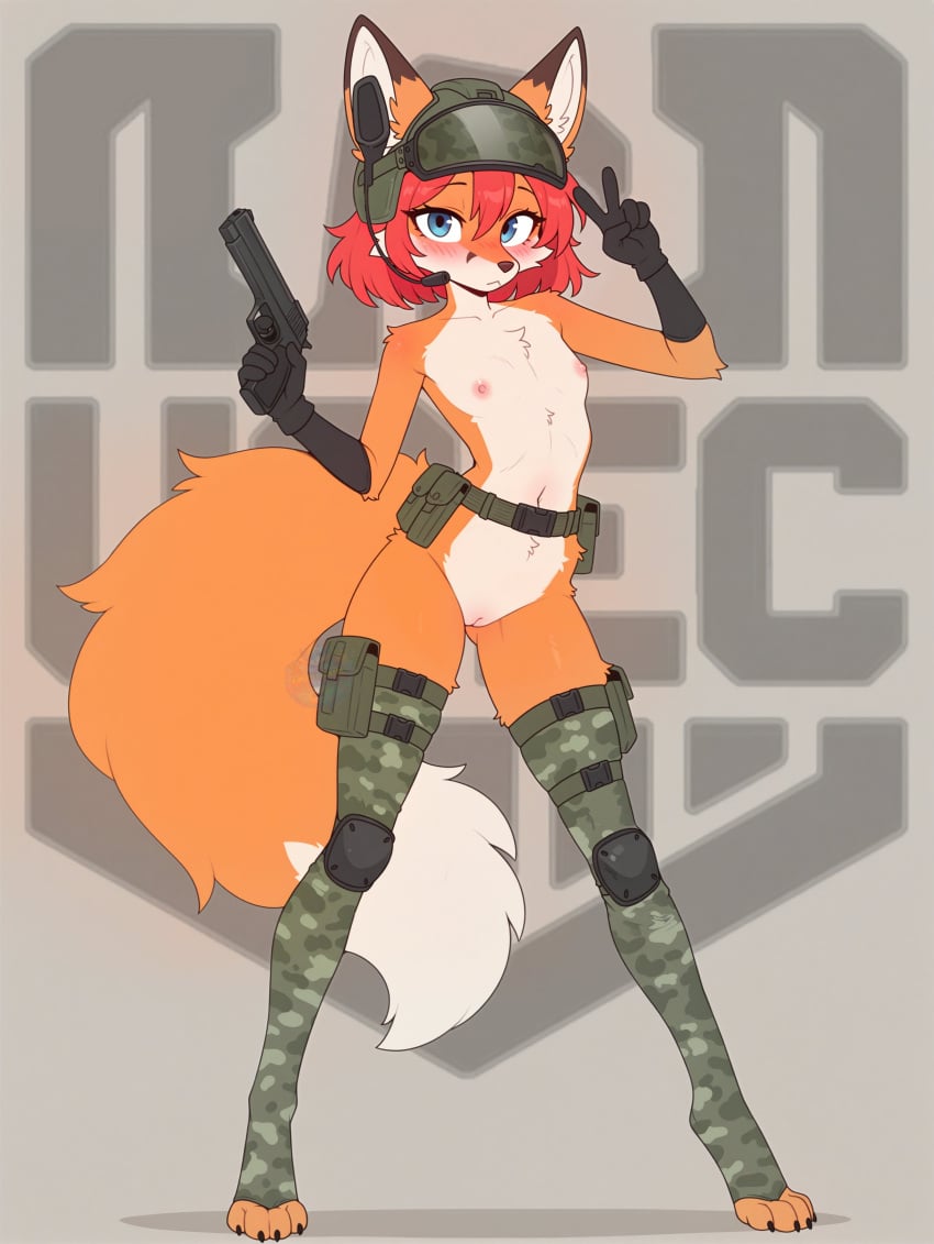 absurd_res anthro armor bad_trigger_discipline belt blue_eyes blush camo canid canine chest_tuft clothing electronics eyewear female flat_chested fox fur genitals gesture gloves goggles gun hair hand_gesture handgun handwear headgear headphones headset helmet hi_res legwear mammal military_helmet multicolored_body multicolored_fur myrlonel navel nipples orange_body orange_fur pussy ranged_weapon red_hair solo thigh_highs toeless_legwear tuft utility_belt v_sign weapon white_body white_fur