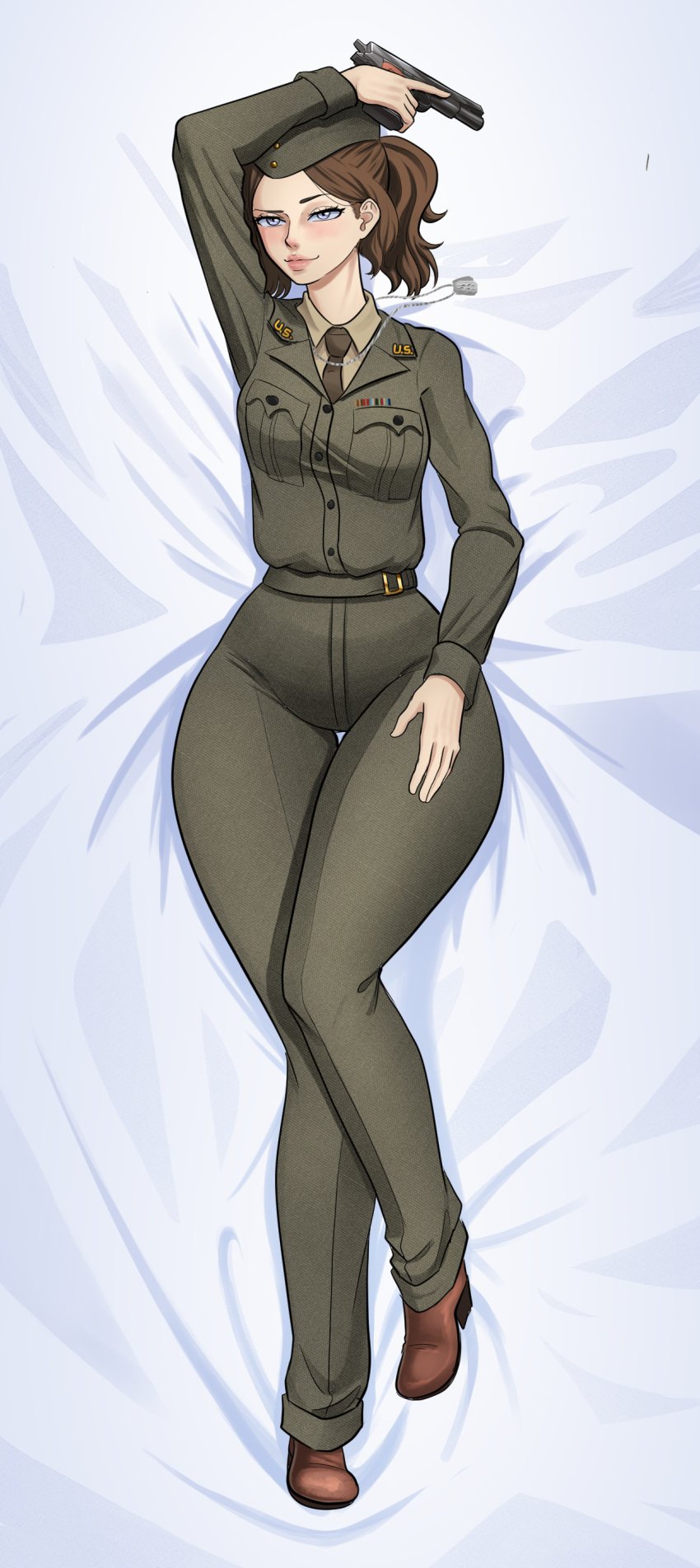 1girls blue_eyes brown_hair call_of_duty call_of_duty_ww2 corporal_green dakimakura dog_tags fully_clothed gun looking_at_viewer lying midra military_hat military_uniform ponytail smile thighs wide_hips