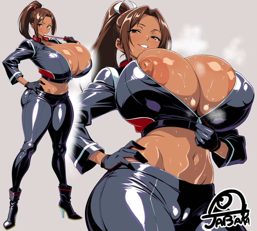 artist_name black_gloves black_jacket black_pants boots breasts brown_eyes brown_hair cleavage dark-skinned_female dark_skin exposed_nipples fatal_fury folding_fan full_body gloves hand_fan hand_on_own_hip high_heel_boots high_heels huge_breasts huge_nipples jabara_tornado jacket large_areolae large_breasts latex latex_boots latex_jacket latex_pants latex_shirt long_hair looking_at_viewer looking_down mai_shiranui_(city_of_the_wolves) midriff navel nipple_slip nipples no_bra open_clothes open_jacket pants ponytail puffy_nipples shiranui_mai signature skin_tight smile standing street_fighter street_fighter_6 sweat thick_thighs thighs unzipping zipper