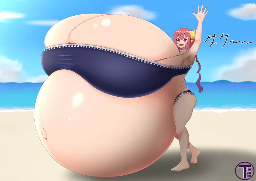 1girls alternate_breast_size artist_name bangs beach belly belly_bigger_than_body bikini bloated_belly blush breasts breasts_bigger_than_head breasts_bigger_than_torso breasts_on_belly cloud dragon_girl female female_focus gigantic_belly gigantic_breasts horns hyper hyper_belly hyper_breasts hyper_pregnancy ilulu_(dragon_maid) looking_at_viewer miss_kobayashi's_dragon_maid ocean open_mouth outdoors pink_hair pointy_ears pregnant pregnant_female ready_to_pop red_eyes round_belly sand skindentation sky slit_pupils standing timaeus waving