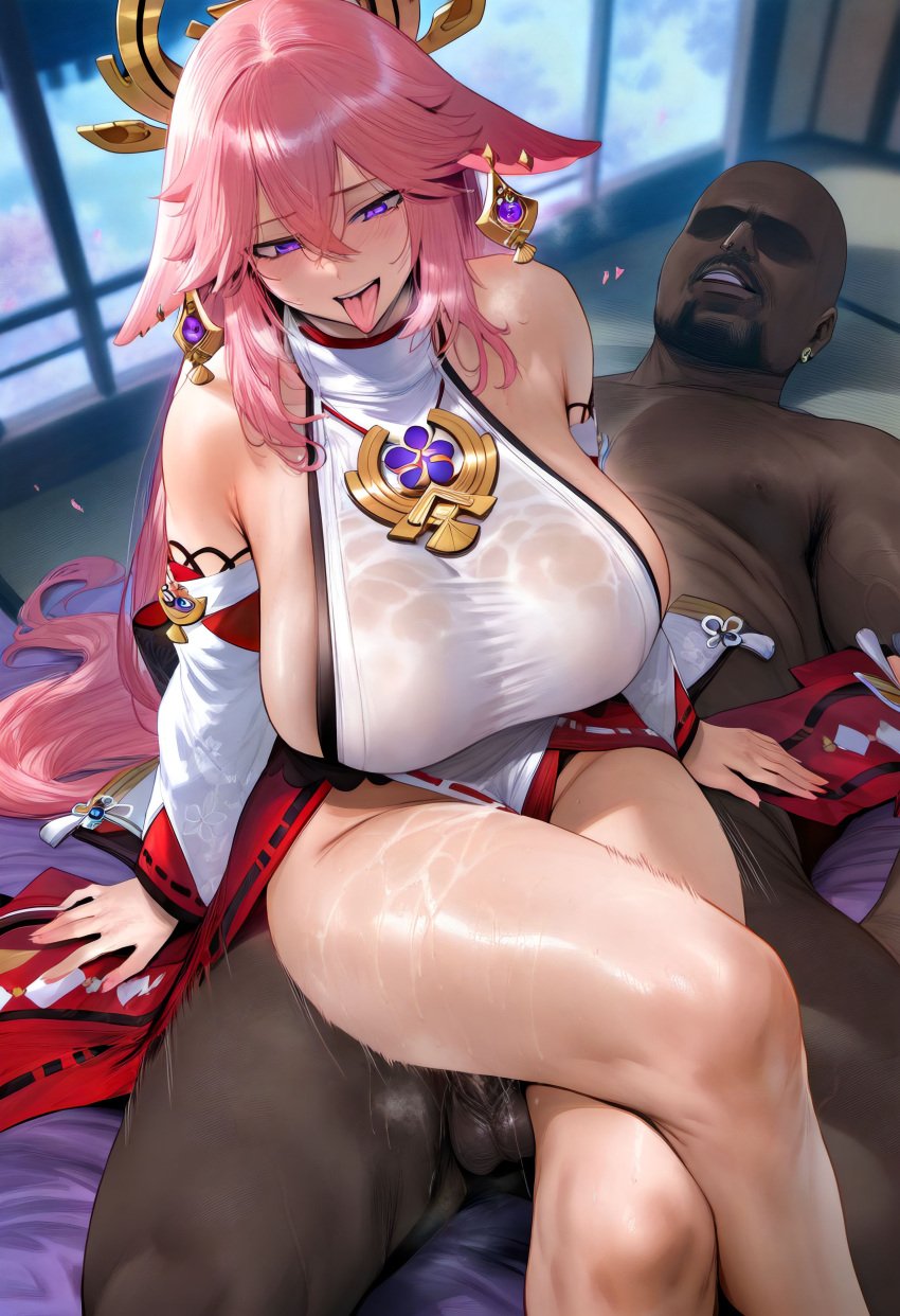 1boy 1girls ai_generated animal_ears bald bangs bare_shoulders blush breasts censored clothed_female clothed_female_nude_male clothing curvaceous curvaceous_female curvaceous_figure curvy curvy_figure dark-skinned_male dark_skin detached_sleeves earrings female female female_focus fox_ears genshin genshin_impact hair_between_eyes hair_ornament hoyoverse huge_breasts indoors interracial jewelry large_breasts long_hair long_sleeves looking_at_viewer male mature_female mikayori mosaic_censoring necklace nipples nude nude_male open_mouth pendant penis pink_hair purple_eyes red_skirt saliva sex shirt sideboob sidelocks sitting smile solo_focus spread_legs straddling straight sweat thighs tongue tongue_out traditional_clothes vaginal_penetration very_long_hair voluptuous voluptuous_female wafuku wet wide_sleeves yae_miko yae_miko_(genshin_impact)