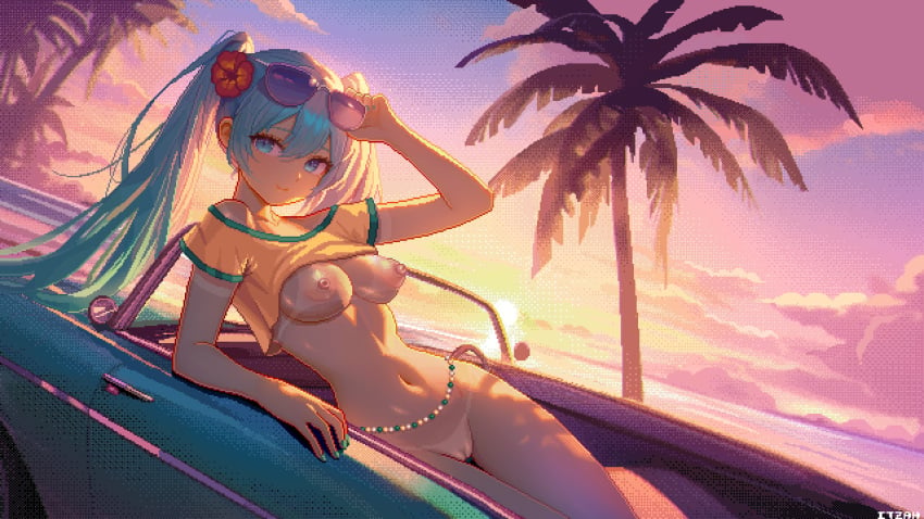 1girls adjusting_eyewear arm_support arm_up artist_name backlighting bikini_tan blue_eyes blue_hair blue_nails bottomless brazilian_flag brazilian_miku breasts breasts_out car closed_mouth convertible crop_top evening eyewear_on_head female flower hair_flower hair_ornament hand_on_eyewear hatsune_miku hibiscus itzah long_hair looking_at_viewer medium_breasts motor_vehicle nail_polish navel nipples off-shoulder_shirt off_shoulder outdoors palm_tree pussy reclining red_flower shirt short_sleeves smile solo sunglasses sunlight sunset tan tanlines tree twintails vocaloid yellow_shirt