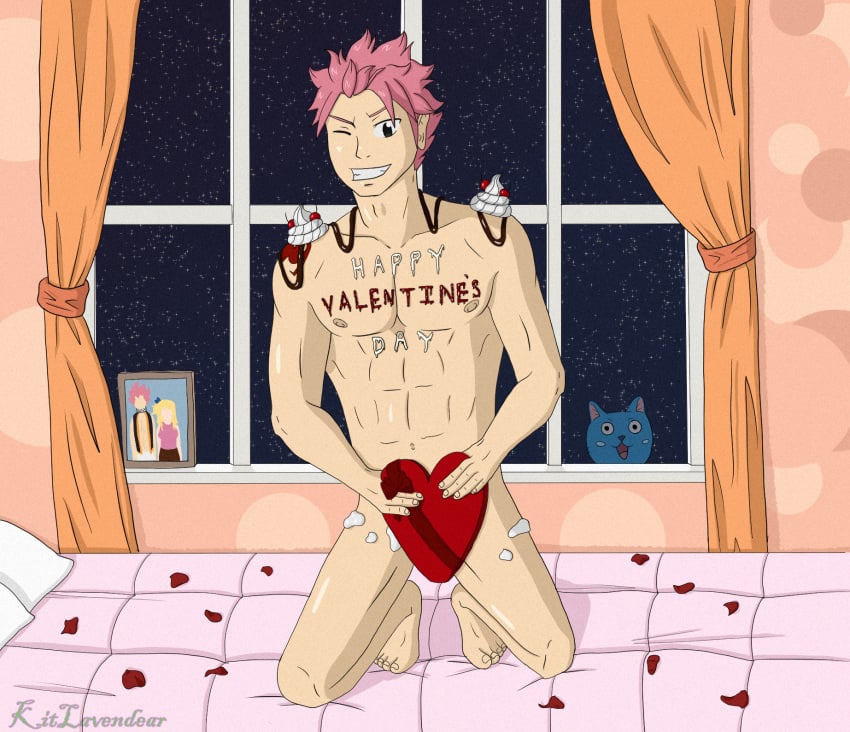 bedroom chocolate fairy_tail frosting lavendearart naked_male natsu_dragneel nude nude_male pink_hair pinup pinup_pose sole_male tasteful_nudity tattoo tattoo_on_shoulder valentine's_day whipped_cream