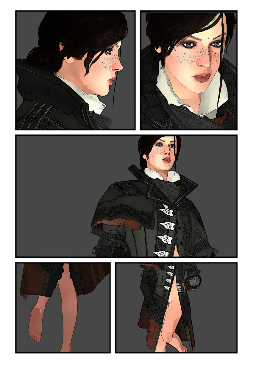 1girls 3d artist_request assassin's_creed_(series) assassin's_creed_syndicate barefoot black_hair clothed clothes clothing comic evie_frye feet female female_only freckles human pussy solo tied_hair ubisoft