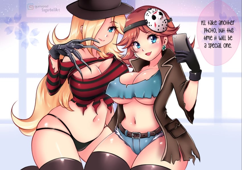 2girls a_nightmare_on_elm_street black_panties blonde_hair blue_eyes breasts brown_hair cellphone claws cleavage cosplay earrings flower_earrings freddy_krueger freddy_krueger_(cosplay) friday_the_13th gloves grin hair_over_one_eye halloween_costume hat jason_voorhees jason_voorhees_(cosplay) jewelry large_breasts looking_at_viewer mario_(series) mask md5_mismatch midriff multiple_girls navel nintendo panties phone princess_daisy princess_rosalina resolution_mismatch shiny_skin shorts smile source_larger speech_bubble sugarbell super_mario_galaxy super_mario_land thighs underwear