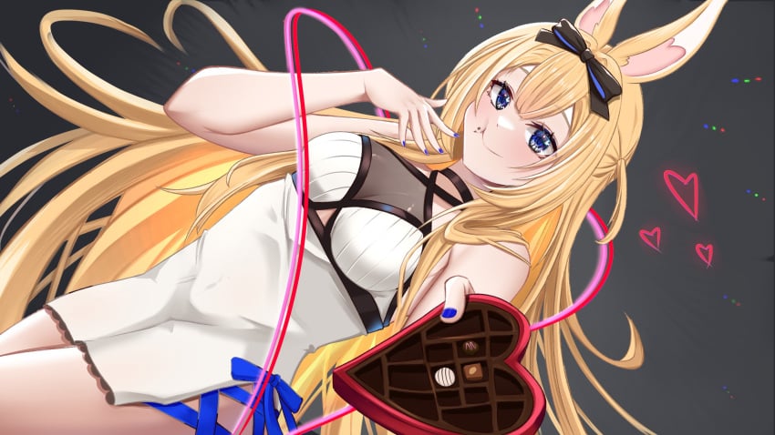 animal_ears bangs bare_arms bare_shoulders blonde_hair blue_eyes blush bow box breasts bunny_ears candy chocolate chocolate_heart closed_mouth cowboy_shot dress eyebrows_visible_through_hair female food hair_between_eyes hair_rings hairbow heart heart-shaped_box holding long_hair looking_at_viewer medium_breasts nail_polish panties ribbon see-through sleeveless smile solo striped underwear valentine very_long_hair virtual_youtuber vyugen yenko