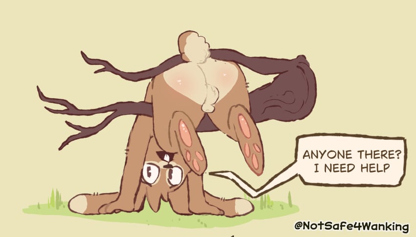 anthro ass balls canid canine digital_media_(artwork) duo english_text fur genitals hair hi_res lagomorph leporid looking_at_viewer male male/male mammal notsafeforwanking nude nude_male paws penis rabbit simple_background small_balls small_penis solo stuck stuck_in_tree tail text