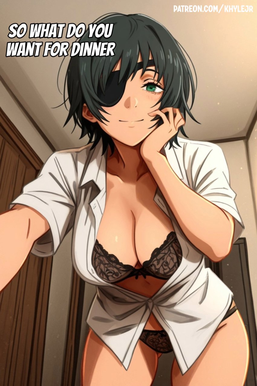 ai_assisted ai_generated dark_green_hair eyepatch eyepatch_bikini green_eyes himeno_(chainsaw_man) lingerie lingerie_only looking_at_viewer panties seductive smile white_skin