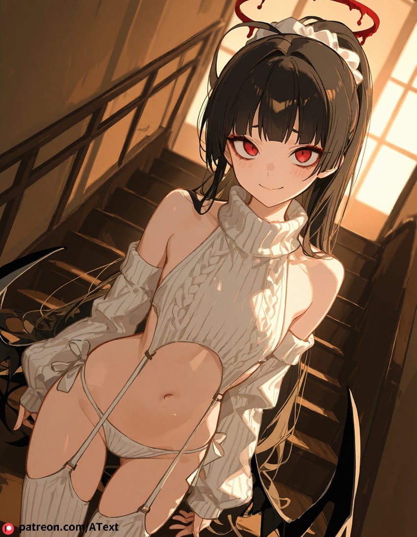 1boy ai_generated amazon_position beautfiul_background faint_smile flat_chest stairs stunning_backgroud tsurugi_(blue_archive) virgin_destroyer_sweater